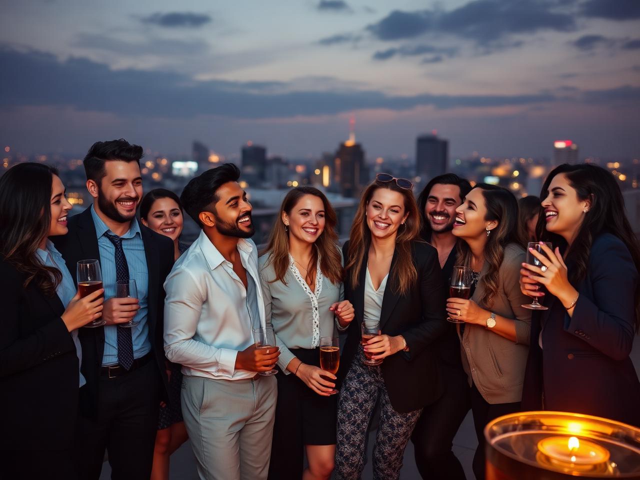 Legion Financial Group agents celebrating together at a rooftop team event at dusk