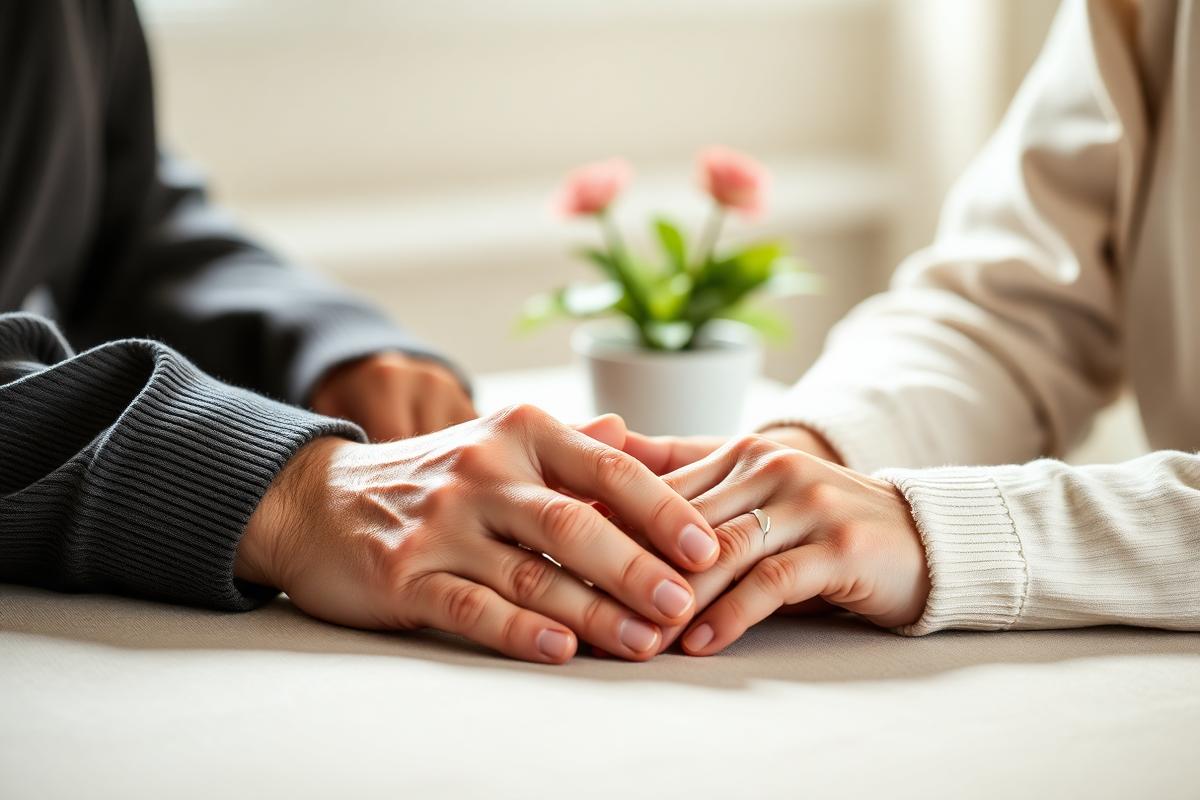 An older couple's hands resting gently together on a table beside a small potted flower in soft morning light
