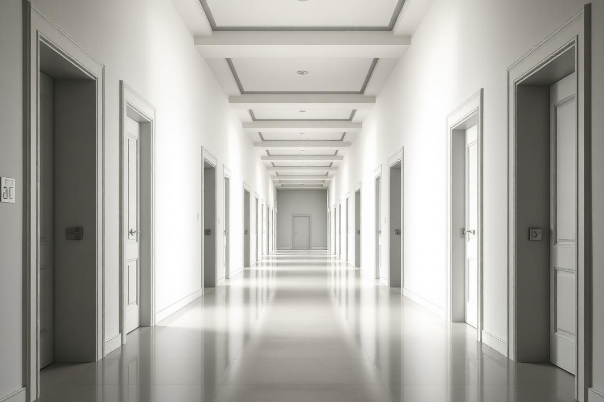 A bright minimalist hallway lined with a row of identical elegant doors, suggesting many options