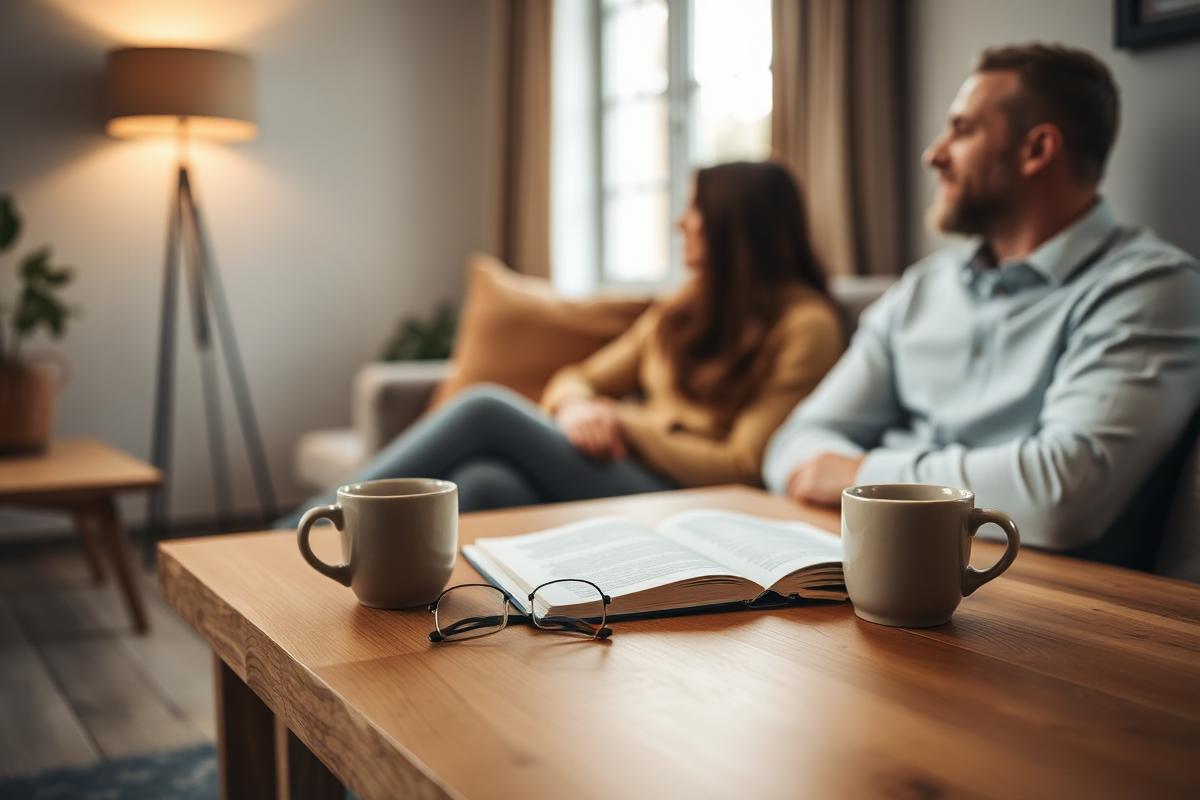 A warm living room with an open notebook, reading glasses, and coffee on a wooden table near a sunlit window