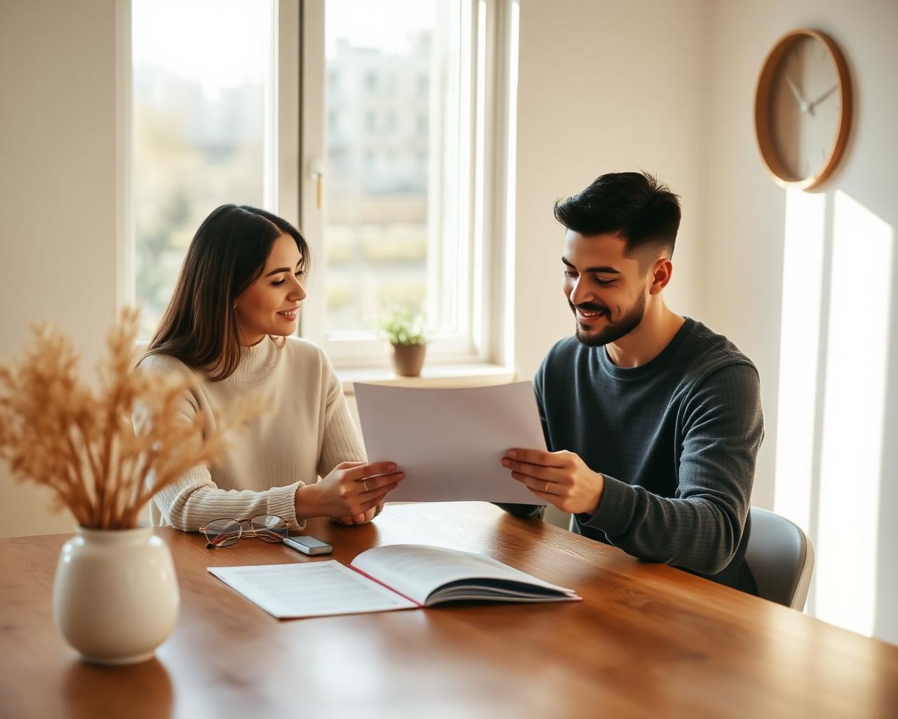 A couple reviewing documents together at a modern dining table in warm natural light